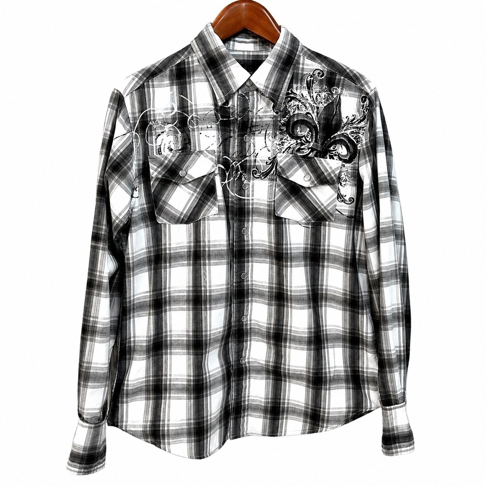 Parts Mens Black White Plaid Fleur-De-Lis Graphic Pearl Snap Western Shirt Small